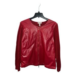Kim Rogers Womens Petite L Red Faux Leather Front Sweater Jacket Zipper Front